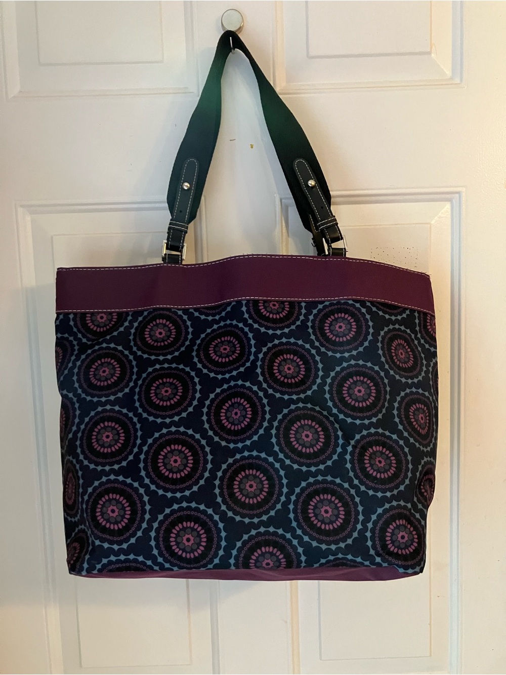Purple Patterned Circle-Print Tote with Black Straps
